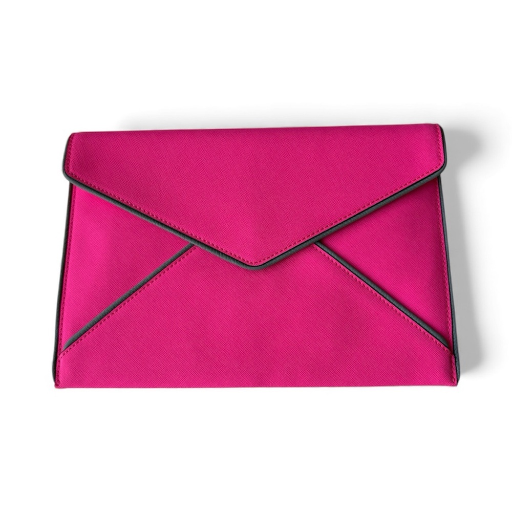 Rebecca Minkoff LEO CLUTCH WITH CONTRAST PIPING NEON PINK/STORM GREY NWT